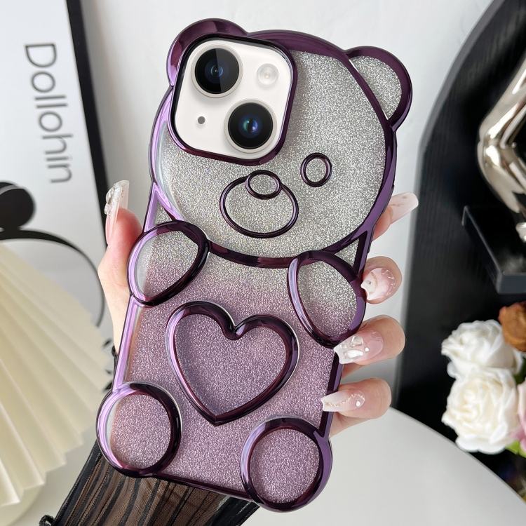 

For iPhone 14 Bear Shape Electroplated TPU Phone Case with Gradient Glitter Paper(Purple)