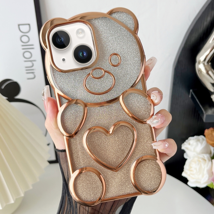 

For iPhone 14 Bear Shape Electroplated TPU Phone Case with Gradient Glitter Paper(Gold)