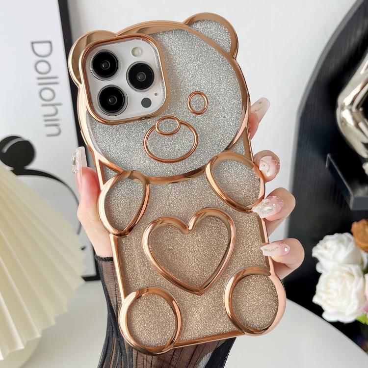 

For iPhone 14 Pro Max Bear Shape Electroplated TPU Phone Case with Gradient Glitter Paper(Gold)