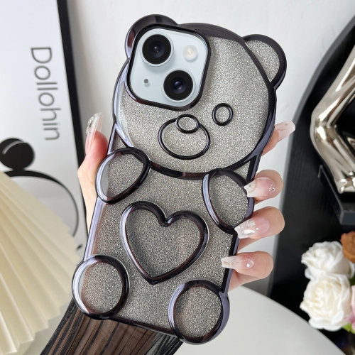 

For iPhone 15 Bear Shape Electroplated TPU Phone Case with Gradient Glitter Paper(Black)