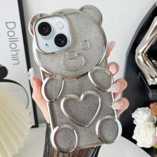 

For iPhone 15 Bear Shape Electroplated TPU Phone Case with Gradient Glitter Paper(Silver)