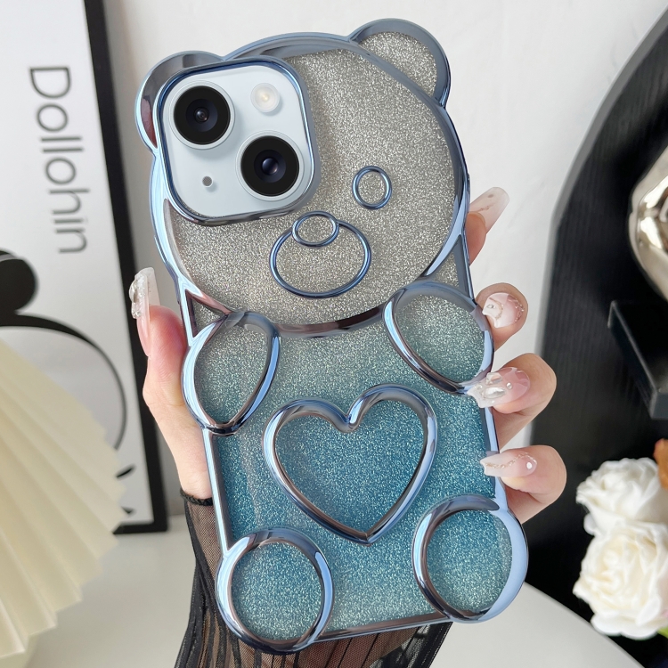

For iPhone 15 Bear Shape Electroplated TPU Phone Case with Gradient Glitter Paper(Blue)