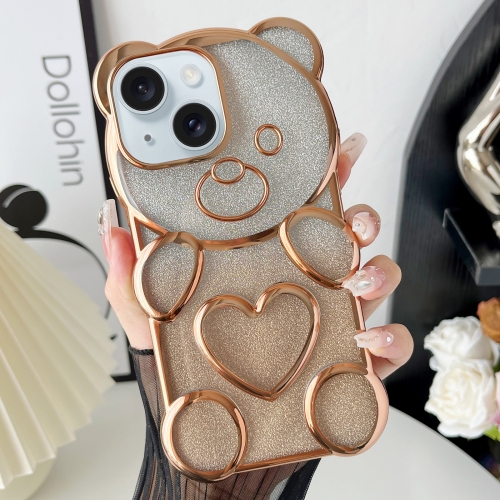 

For iPhone 15 Bear Shape Electroplated TPU Phone Case with Gradient Glitter Paper(Gold)