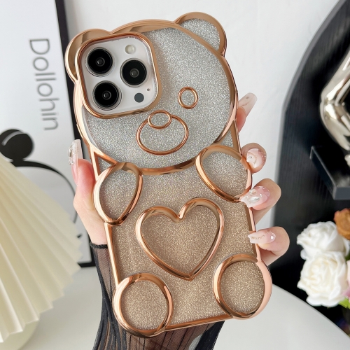 

For iPhone 15 Pro Bear Shape Electroplated TPU Phone Case with Gradient Glitter Paper(Gold)