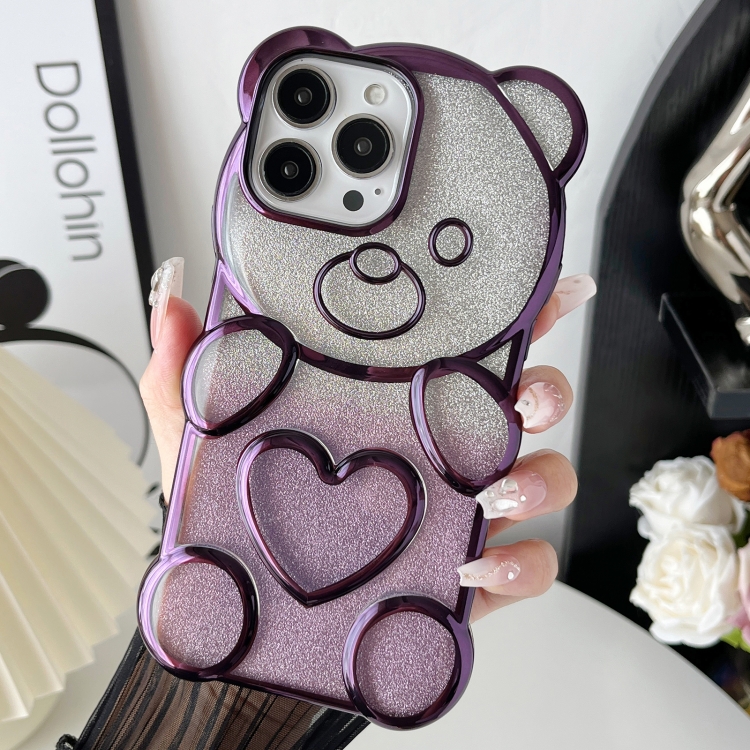

For iPhone 15 Pro Max Bear Shape Electroplated TPU Phone Case with Gradient Glitter Paper(Purple)