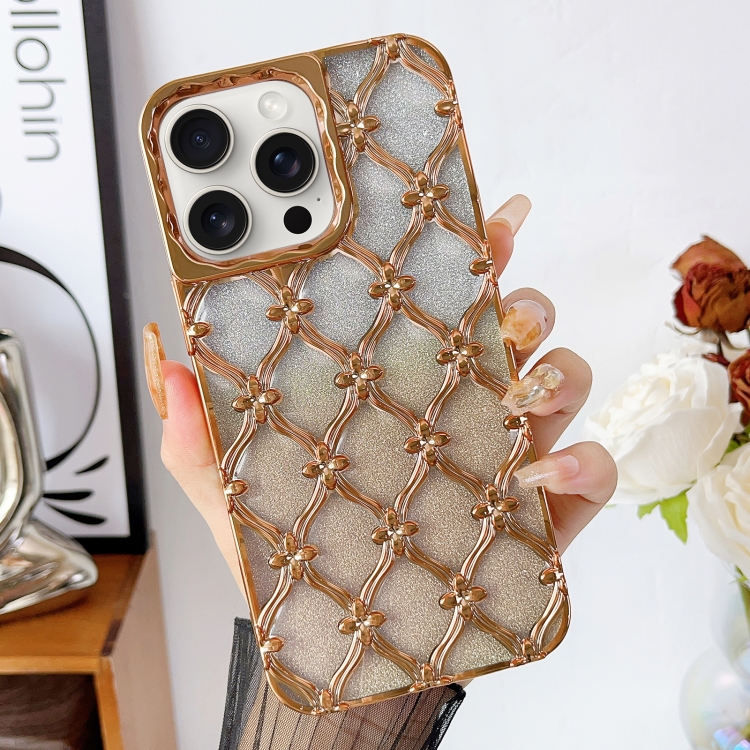 

For iPhone 15 Pro Star Flower Electroplated TPU Phone Case with Gradient Glitter Paper(Gold)