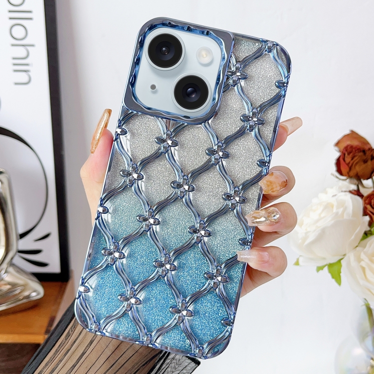 

For iPhone 15 Star Flower Electroplated TPU Phone Case with Gradient Glitter Paper(Blue)