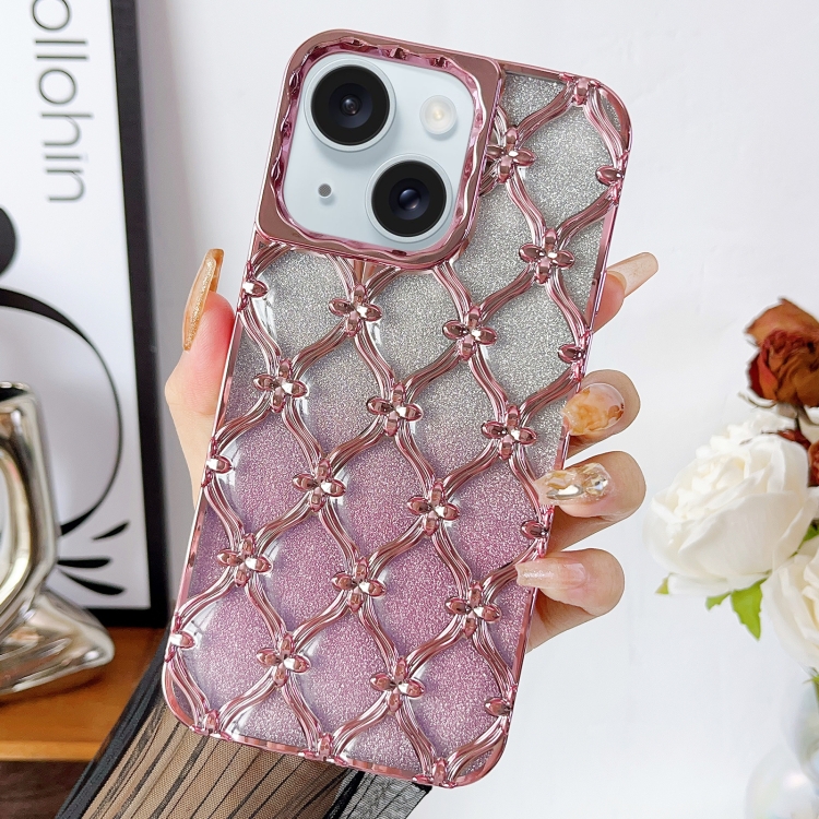 

For iPhone 15 Star Flower Electroplated TPU Phone Case with Gradient Glitter Paper(Pink)