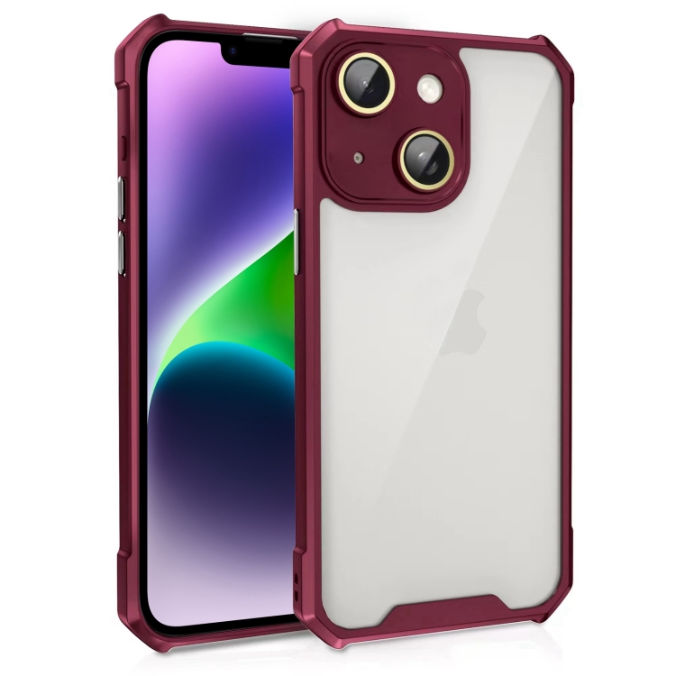 

For iPhone 14 Shockproof Acrylic Phone Case with Lens Glass Film(Wine Red)