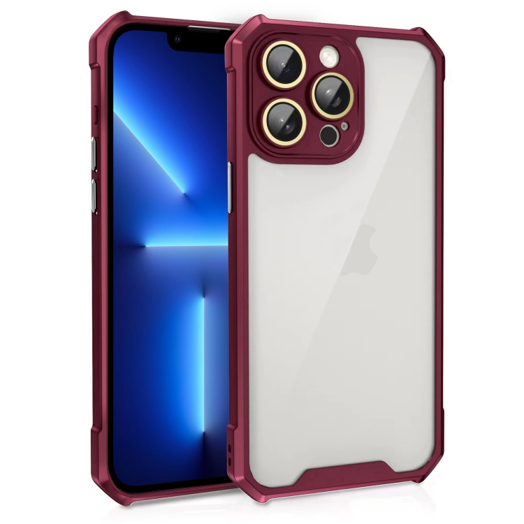

For iPhone 13 Pro Shockproof Acrylic Phone Case with Lens Glass Film(Wine Red)
