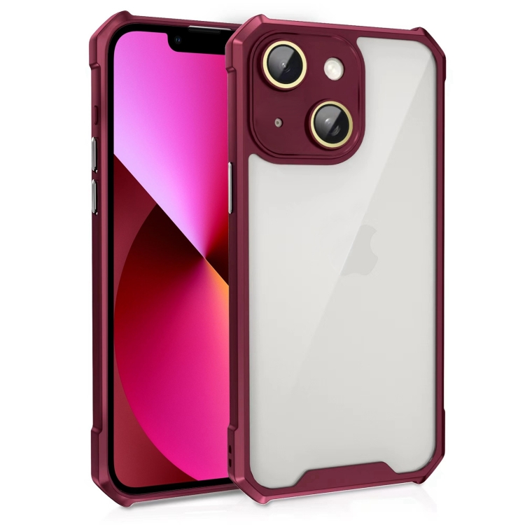 

For iPhone 13 Shockproof Acrylic Phone Case with Lens Glass Film(Wine Red)