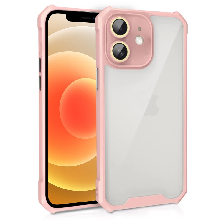 

For iPhone 12 Shockproof Acrylic Phone Case with Lens Glass Film(Pink)