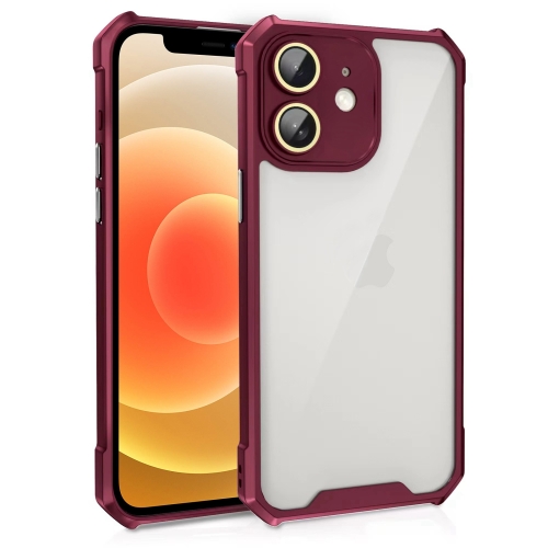 

For iPhone 12 Shockproof Acrylic Phone Case with Lens Glass Film(Wine Red)
