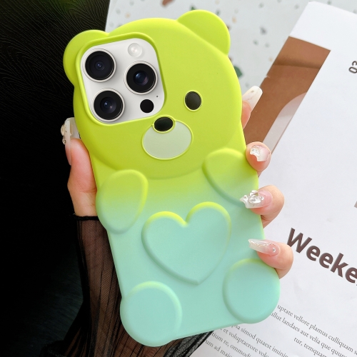 

For iPhone 15 Pro Bear Shape Oil-sprayed Gradient TPU Phone Case(Green Cyan-blue)