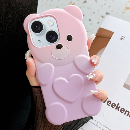 

For iPhone 15 Bear Shape Oil-sprayed Gradient TPU Phone Case(Pink Purple)