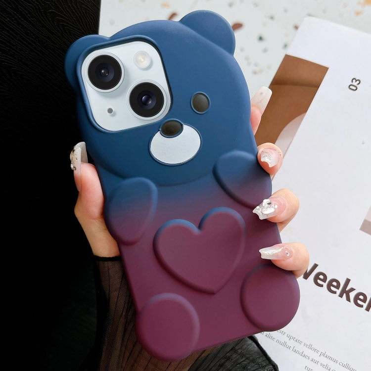 

For iPhone 15 Bear Shape Oil-sprayed Gradient TPU Phone Case(Blue Purple)