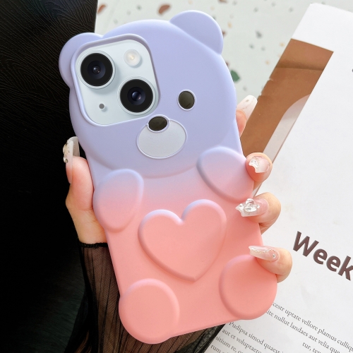

For iPhone 15 Bear Shape Oil-sprayed Gradient TPU Phone Case(Purple Pink)