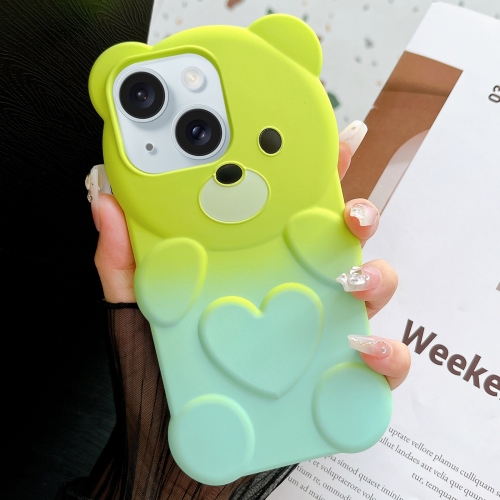 

For iPhone 15 Bear Shape Oil-sprayed Gradient TPU Phone Case(Green Cyan-blue)