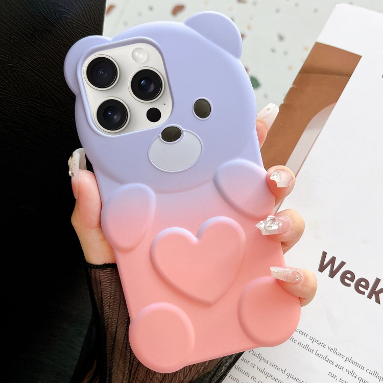 

For iPhone 14 Pro Bear Shape Oil-sprayed Gradient TPU Phone Case(Purple Pink)