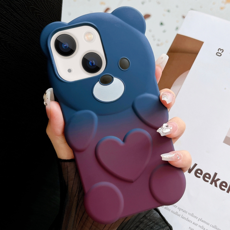 

For iPhone 13 Bear Shape Oil-sprayed Gradient TPU Phone Case(Blue Purple)