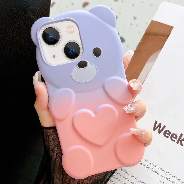 

For iPhone 13 Bear Shape Oil-sprayed Gradient TPU Phone Case(Purple Pink)