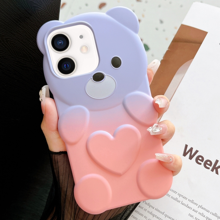 

For iPhone 11 Bear Shape Oil-sprayed Gradient TPU Phone Case(Purple Pink)