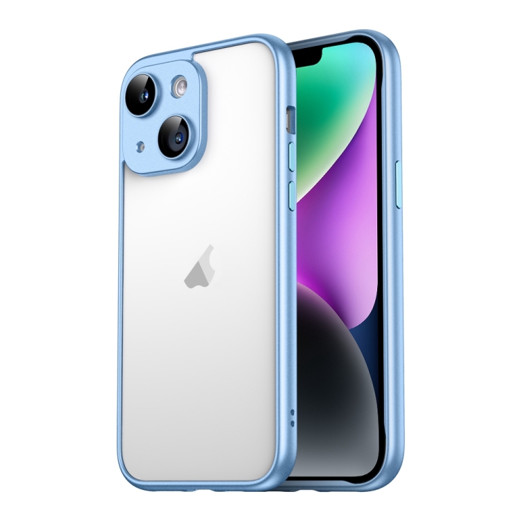 

For iPhone 14 Plus Macaron PC Phone Pure Border Frame with Lens Glass Film(Blue)