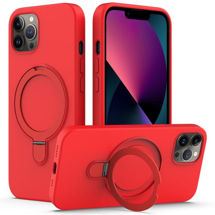 

For iPhone 12 Pro Liquid Silicone MagSafe Magnetic Phone Case with Ring Holder(Red)