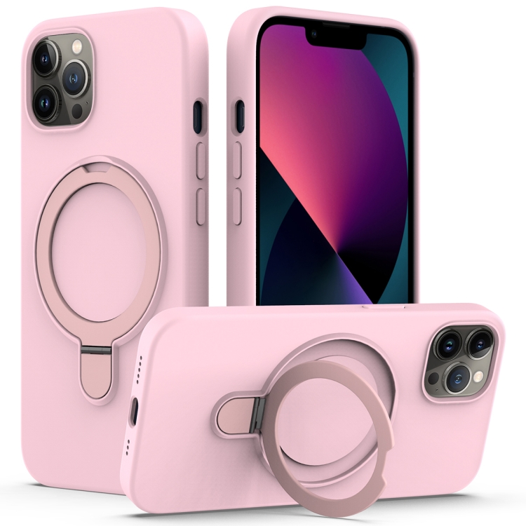 

For iPhone 12 Pro Liquid Silicone MagSafe Magnetic Phone Case with Ring Holder(Grey Pink)