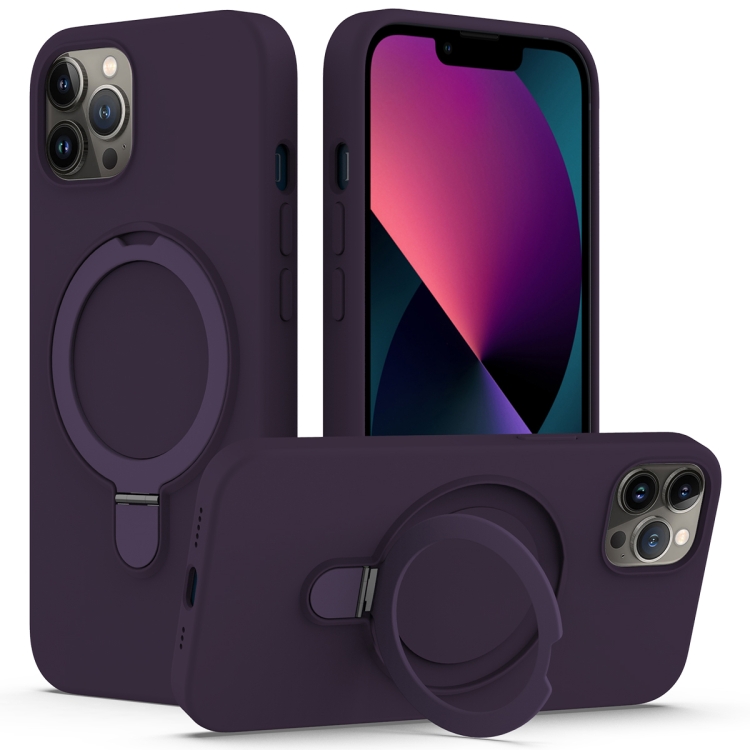 

For iPhone 12 Pro Liquid Silicone MagSafe Magnetic Phone Case with Ring Holder(Purple)