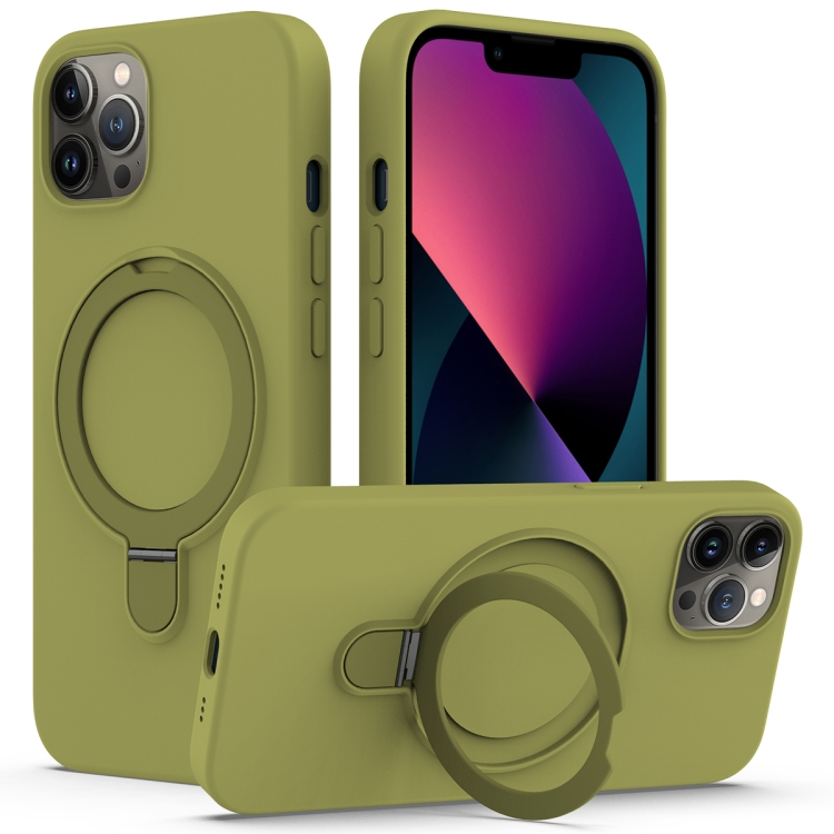 

For iPhone 12 Pro Liquid Silicone MagSafe Magnetic Phone Case with Ring Holder(Willow Green)