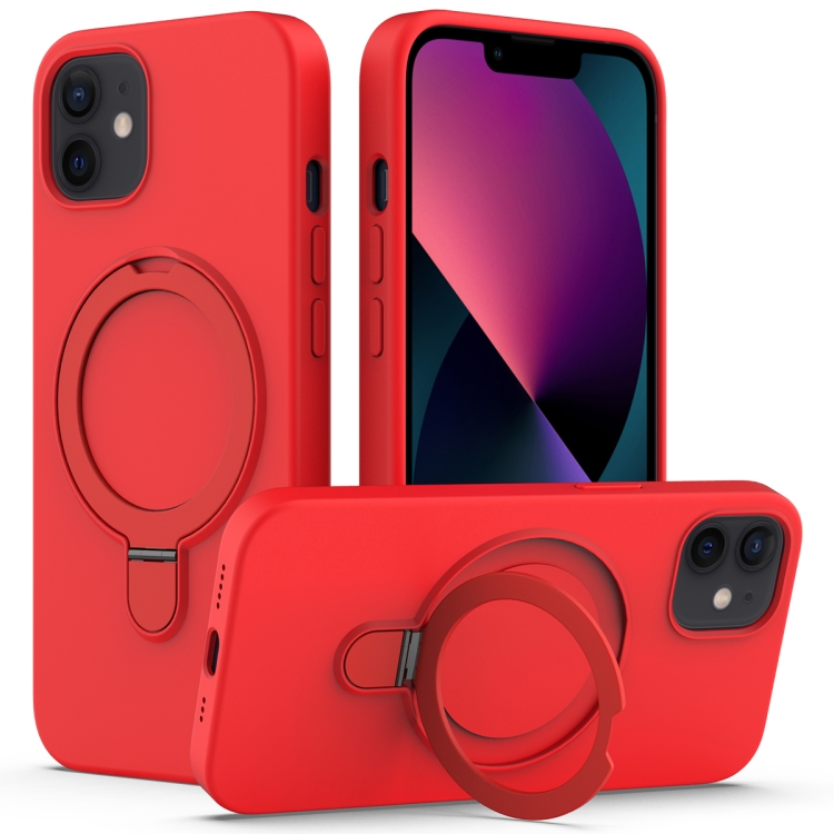 

For iPhone 12 Liquid Silicone MagSafe Magnetic Phone Case with Ring Holder(Red)