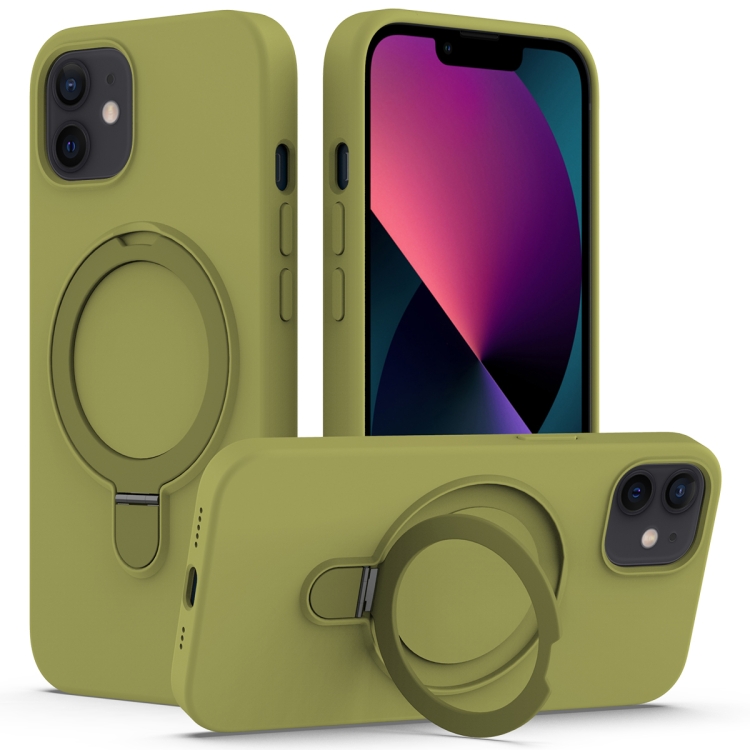 

For iPhone 12 Liquid Silicone MagSafe Magnetic Phone Case with Ring Holder(Willow Green)