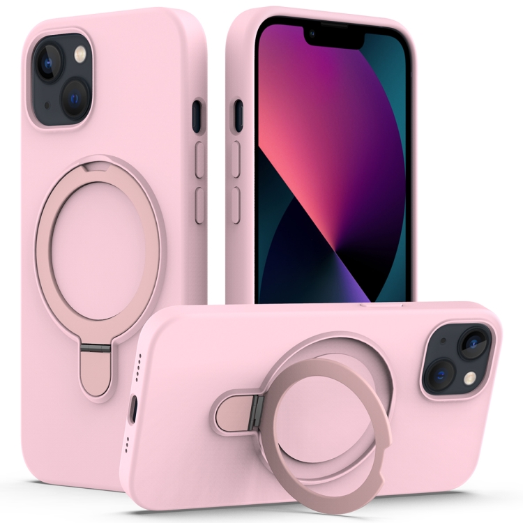 

For iPhone 14 Plus MagSafe Magnetic Liquid Silicone Phone Case with Ring Holder(Grey Pink)