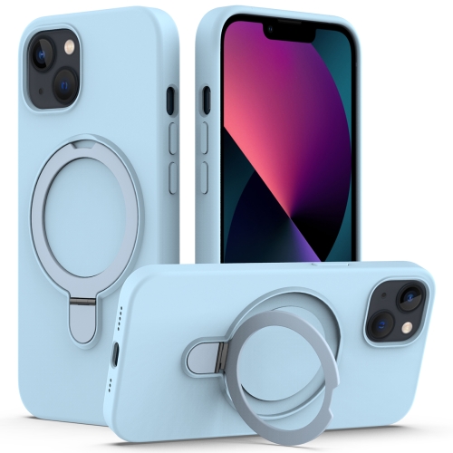 

For iPhone 14 Plus MagSafe Magnetic Liquid Silicone Phone Case with Ring Holder(Sky Blue)