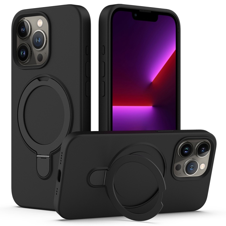 

For iPhone 16 Pro Liquid Silicone MagSafe Magnetic Phone Case with Ring Holder(Black)