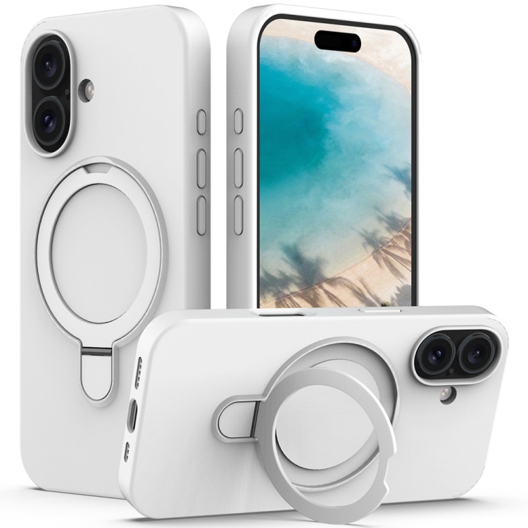 

For iPhone 16 Plus Liquid Silicone MagSafe Magnetic Phone Case with Ring Holder(White)