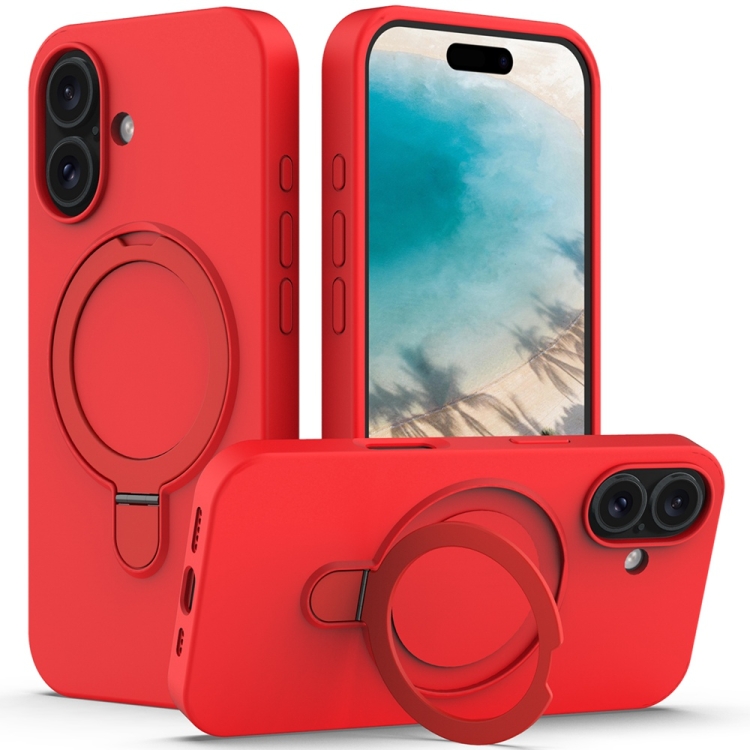 

For iPhone 16 Plus Liquid Silicone MagSafe Magnetic Phone Case with Ring Holder(Red)