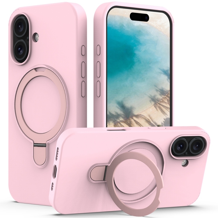 

For iPhone 16 Plus Liquid Silicone MagSafe Magnetic Phone Case with Ring Holder(Grey Pink)