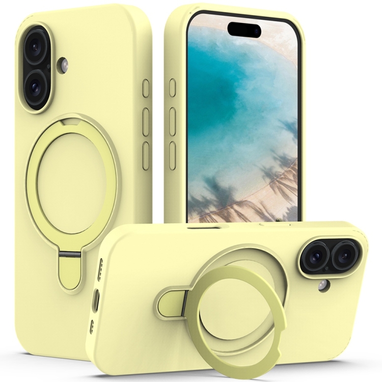 

For iPhone 16 Plus Liquid Silicone MagSafe Magnetic Phone Case with Ring Holder(Yellow)