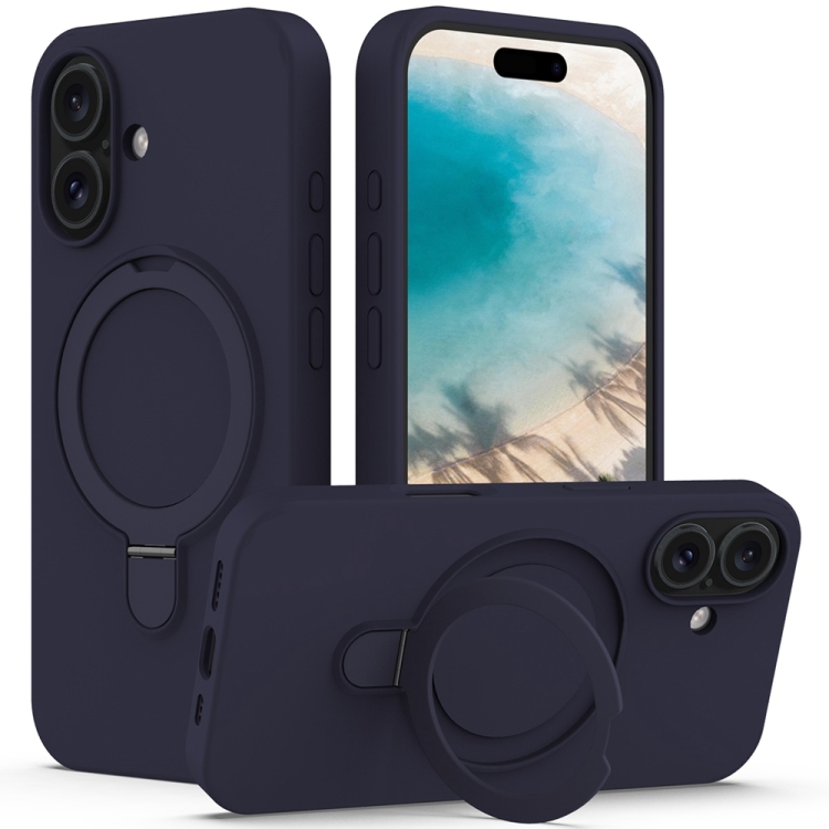 

For iPhone 16 Plus Liquid Silicone MagSafe Magnetic Phone Case with Ring Holder(Midnight Blue)
