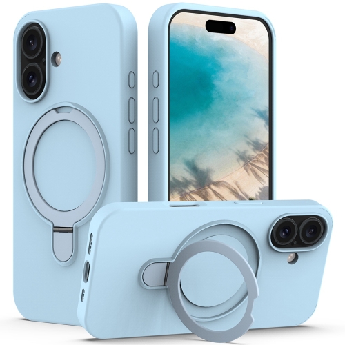 

For iPhone 16 Plus Liquid Silicone MagSafe Magnetic Phone Case with Ring Holder(Sky Blue)