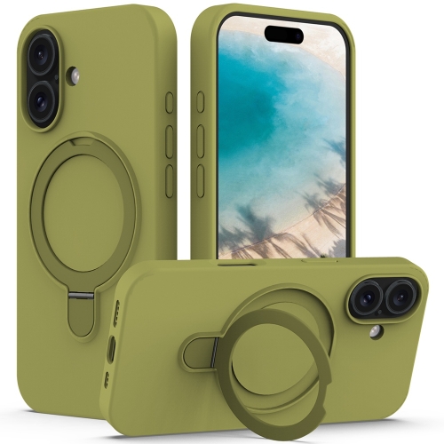 

For iPhone 16 Plus Liquid Silicone MagSafe Magnetic Phone Case with Ring Holder(Willow Green)