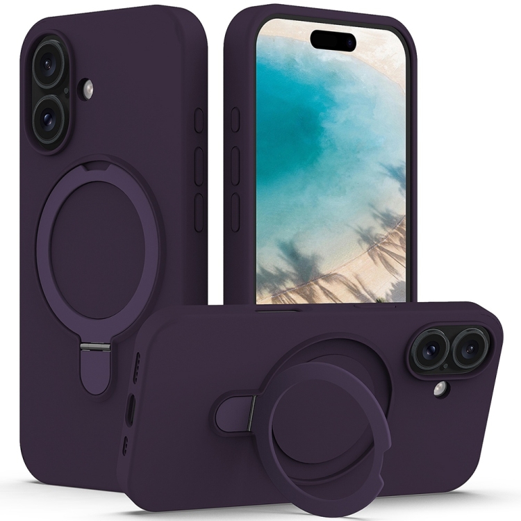 

For iPhone 16 Liquid Silicone MagSafe Magnetic Phone Case with Ring Holder(Purple)