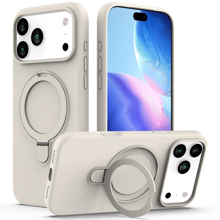 

For iPhone 17 Pro Liquid Silicone MagSafe Magnetic Phone Case with Ring Holder(Antique White)