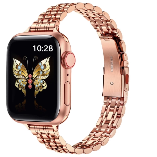 

For Apple Watch 38mm Slim Seven Bead Slingshot Buckle Metal Watch Band(Rose Gold)