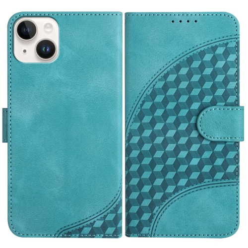 

For iPhone 14 Plus YX0060 Elephant Head Embossed Phone Leather Case with Lanyard(Light Blue)