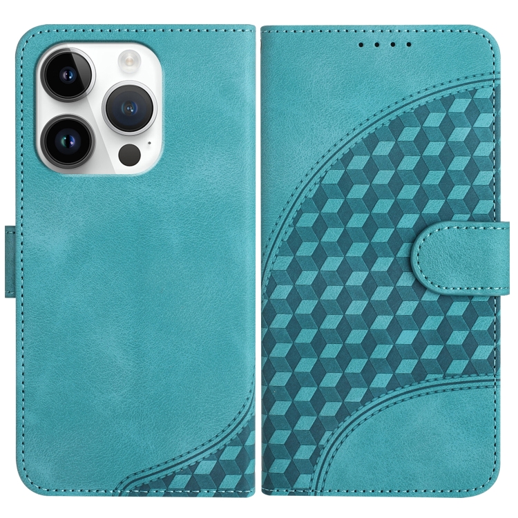 

For iPhone 14 Pro YX0060 Elephant Head Embossed Phone Leather Case with Lanyard(Light Blue)