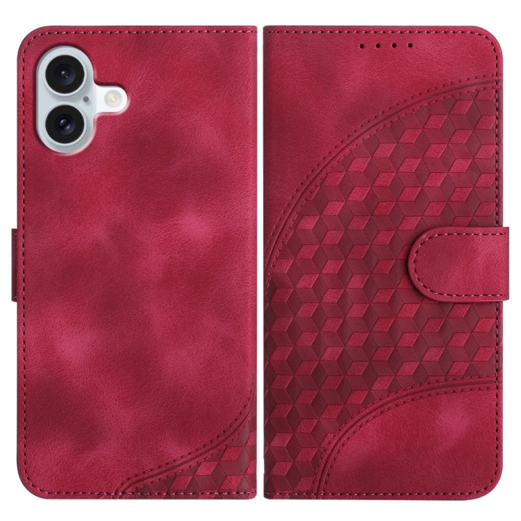 

For iPhone 16 Plus YX0060 Elephant Head Embossed Phone Leather Case with Lanyard(Rose Red)