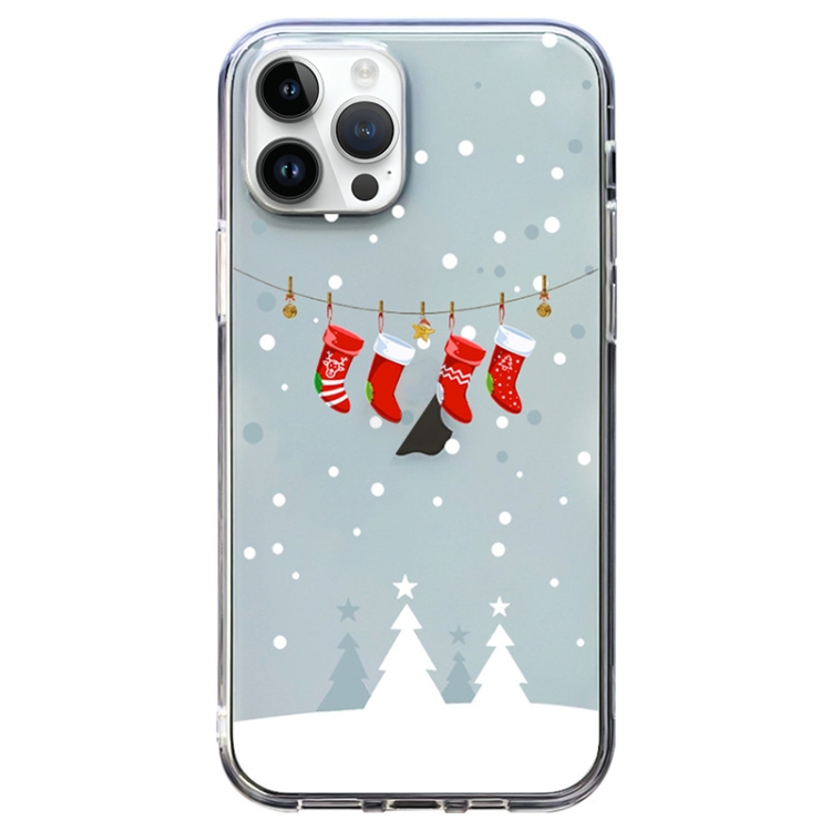 

For iPhone 14 Pro Max Christmas Colored Drawing Pattern High Transparent Soft TPU Phone Case(Christmas Stocking)